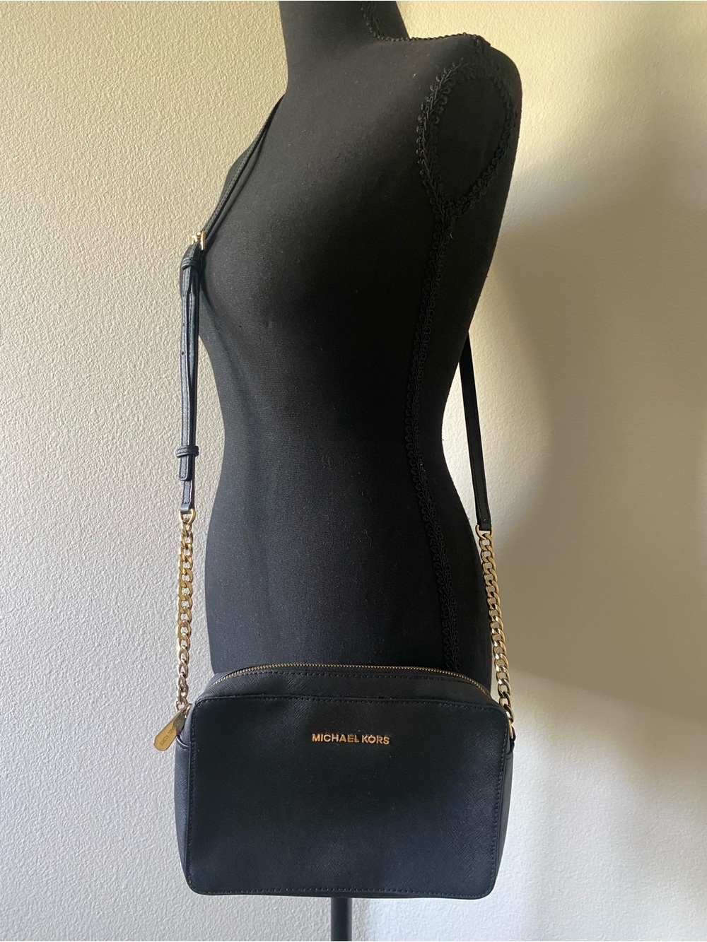 Michael Kors Black Leather Crossbody with Gold Chain Accents